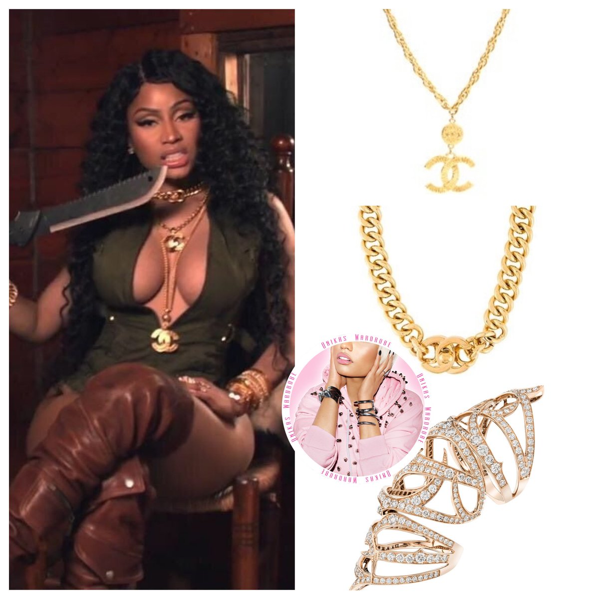 ♏️Onika's Wardrobe™ on X: .@NICKIMINAJ also wore an assortment of gold  jewels, including 3 vintage @CHANEL necklaces (choker: $1,830/large pendant:  $1,525), custom @Lynn_Ban earrings and a $25,000 ring from @Webster_Rocks .   /
