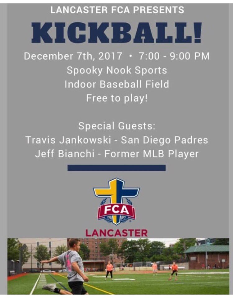 FcaTownship's tweet photo. Come join us for a fun night of kickball! This Thursday at Spooky Nook 7pm- 9pm. https://t.co/6BxvAsIdfr