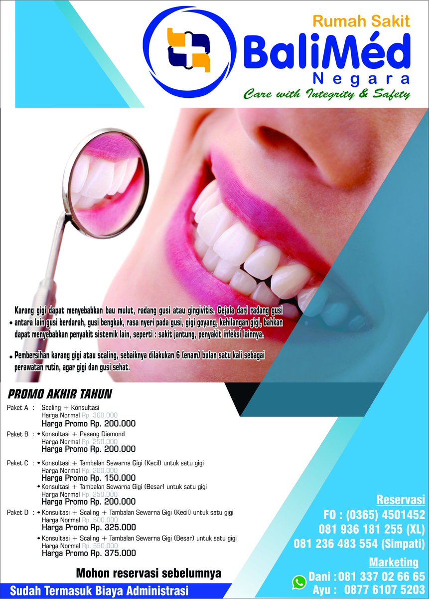 SPECIAL PROMO ini berlaku dari 4 Desember 2017 - 31 Januari 2018.
Pemeriksaan : Senin - Jumat ( 10.00 - 13.00), (14.00 - 17.00), ( 18.00 - 20.00)
Syarat &amp; Ketentuan berlaku.
Untuk informasi lebih lanjut silahkan hubungi RSU.BaliMed Negara
0365 - 4501452, WA 0877 6107 5203(AYU)