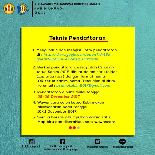Kabim_Unpad's tweet photo. [Open Recruitment]

Kulawargi Mahasiswa Bidikmisi UNPAD beri kesempatan bagimu untuk menjadi agen perubahan.

Link pendaftaran  :
https://t.co/JXyK888jam

Contact Person :
ID Line  Anisanfadilah13
WA  085718084883 (Anisa)

#NextFutureLeader
KABIM UNPAD
KABINET MASIF https://t.co/EKzCQCoekx
