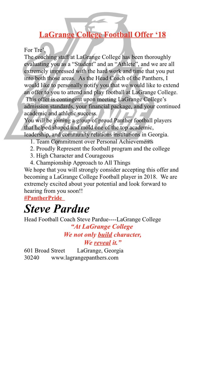 tredavis521's tweet photo. Blessed to Receive my first offer from LaGrange College @RecruitGeorgia @TouchdownMOCO https://t.co/kJdzFvzN6t