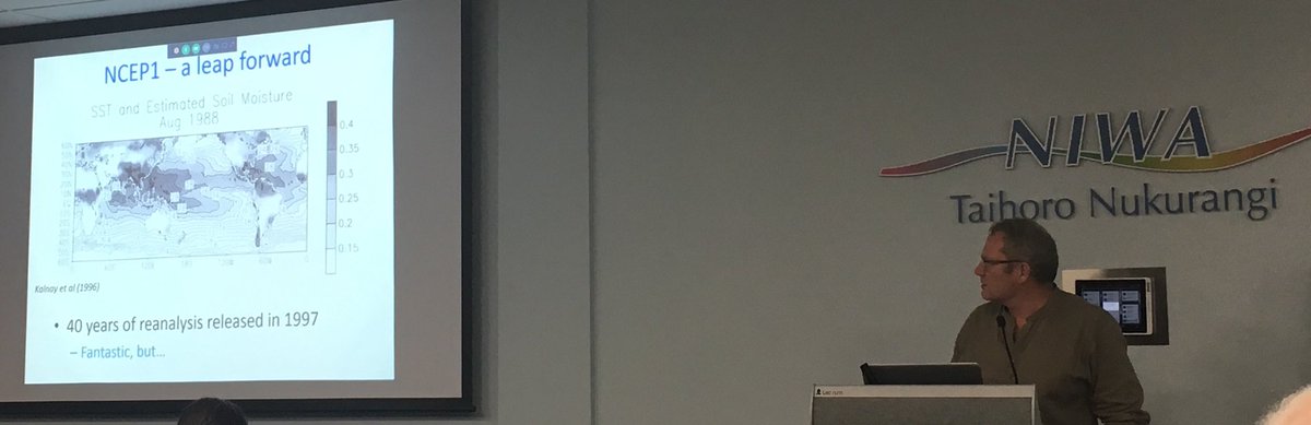 DLorrey's tweet photo. @CubaRaglanGuy James Renwick gives us the history of development for reanalyses - lots of problems to surmount with assimilating different data types but a huge range of benefits for climate research #C3SDataRescue #thereanalysisabidesDude https://t.co/xpknJBR09k