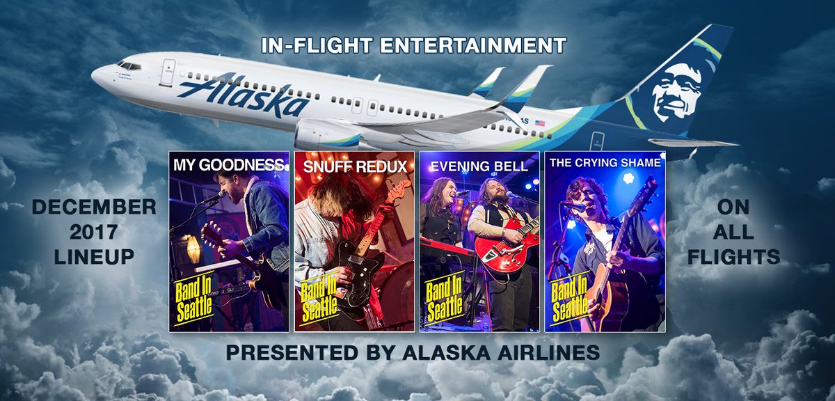 If any of y'all are flying <a href="/AlaskaAir/">Alaska Airlines</a> this month, make sure to tune in to <a href="/BandInSeattle/">Band In Seattle</a> as part of the in-flight entertainment! This month we have <a href="/MyGoodnessMusic/">My Goodness</a>, <a href="/snuffredux/">my name is Skyler</a>, <a href="/eveningbellband/">Evening Bell</a>, and <a href="/Thecryingshame/">TCS</a>! #iFlyAlaska