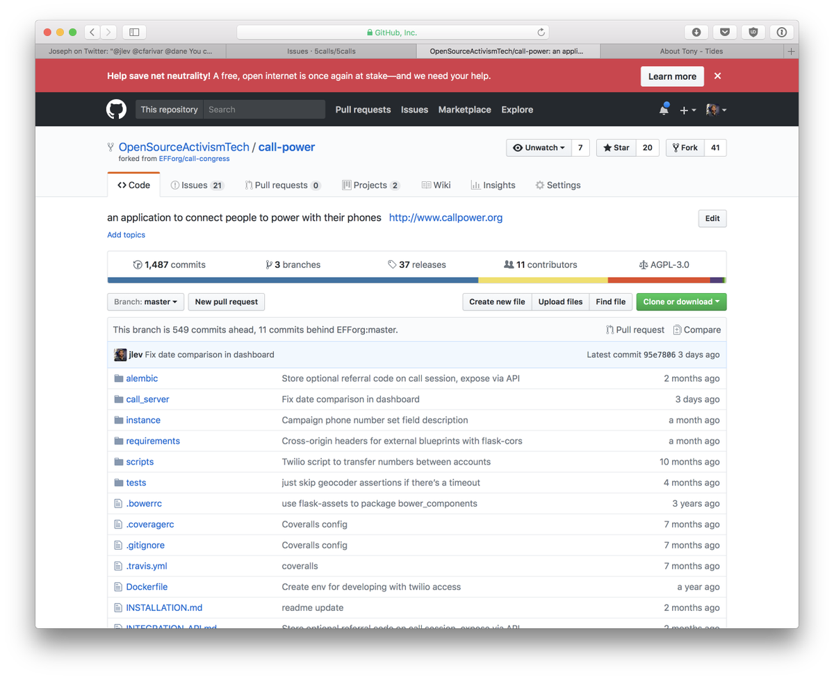 OpenActivism's tweet photo. So awesome to see our #CallPower tool in bright red at the top of @Github, pointing to an @EFF campaign to Save the Internet. 

Lots of sites also linking to @fightfortheftr's https://t.co/xfY07ic1hS, driving 500k+ calls last week. Keep up pressure on the @FCC for #netneutrality. https://t.co/S4bPv8cI4d