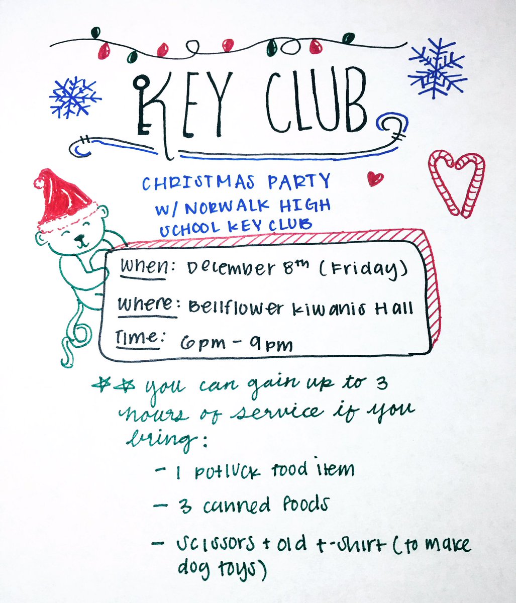 DowneyKeyClub's tweet image. Hey guys! We have a Christmas party w/ Norwalk High School THIS Friday (12/8) @ Bellfower Kiwanis Hall!💚🎁🎄(The time is actually 6:30-9:30pm)