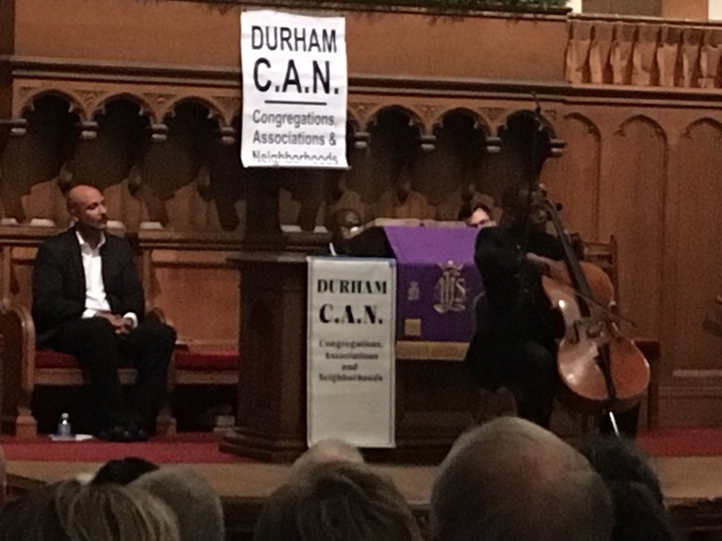 GGreenberg's tweet photo. Seems the @DurhamCAN concert's diversity extends to musical styles. 1st: kids incl. in optimistic songs by "One Human Family" Next: classical music by NCCU faculty cello Timothy Holly.Then gospel harmonica @Terryalbebaugh https://t.co/dmhwmUCu1o