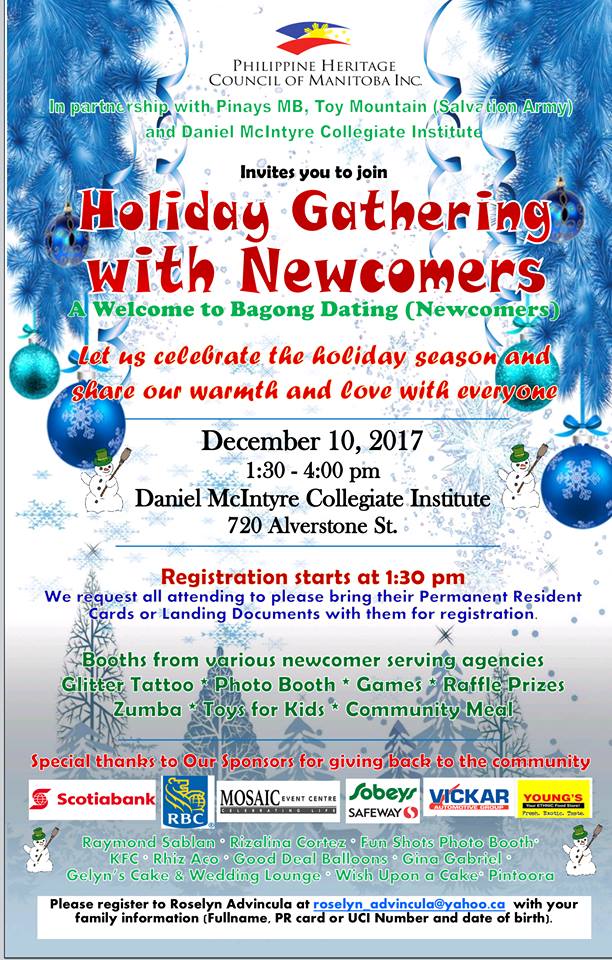PHCM_Inc's tweet photo. The ultimate holiday celebration is here! Join us on December 10 at DMCI for our annual Newcomers Holiday Celebration. There will be food, prizes, and resources to get you settled in Manitoba! Hurry! Registration is required. https://t.co/Fu5SwDkBJN