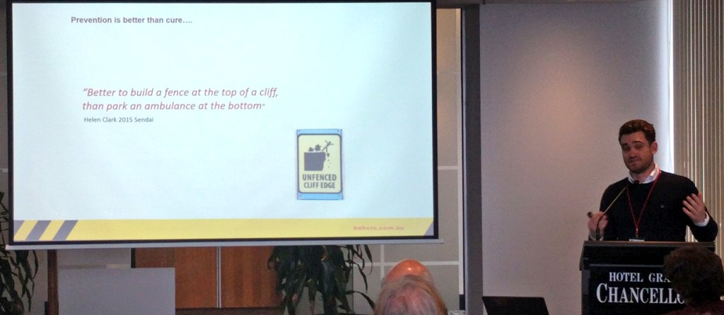 jha_guillaume's tweet photo. @riddell_g @bnhcrc The fence vs ambulance approach. Questions in disaster risk reduction: where to build the fence, how high to build, how much is it worth spending? #modsim2017 https://t.co/PeUa3iSQcD