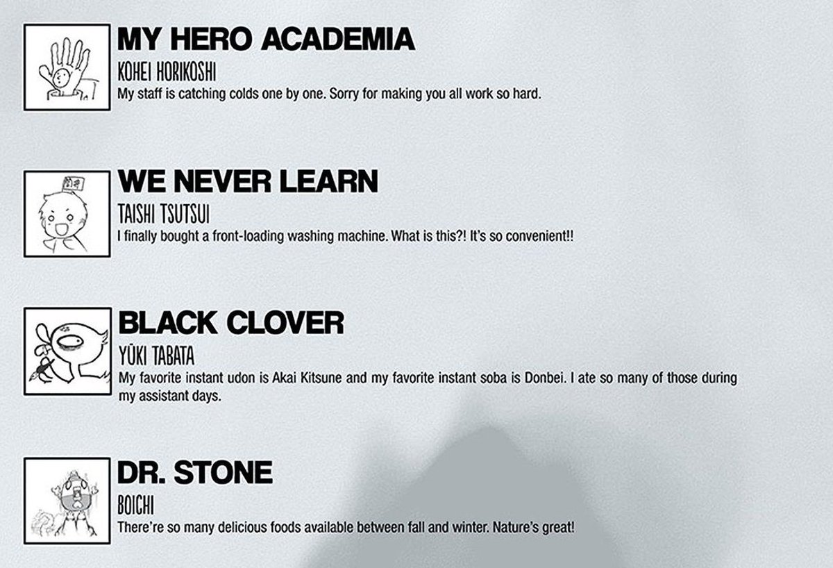 Rsa Nowhere Weekly Shonen Jump 17 Issue 52 Author Comments Onepiece Chapter 6 Thepromisedneverland 65 Foodwars 241 Robotxlaserbeam 35 Myheroacademia 161 Weneverlearn 41 Blackclover 135 Drstone 37 T Co Nf156kvgvz