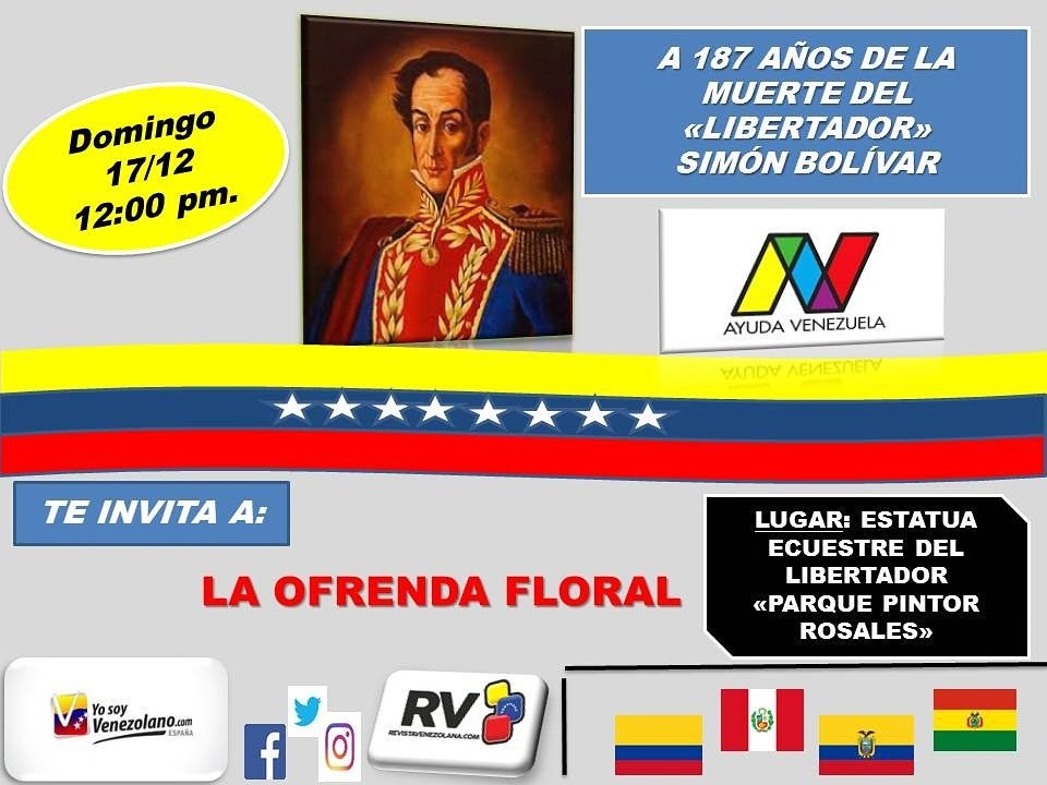 manuelmadrid_'s tweet photo. El Domingo 17 de Diciembre a las 12.00 estaremos rindiendo nuestros respetos al Libertador Simón Bolívar en el 187 aniversario se su muerte, asiste.

#17Dic
#Libertador
#SimónBolivar
#VenezolanosEnMadrid
#Madrid
#España
#Venezuela
#Aniversario
#Latinoamerica
#LatinosEnMadrid https://t.co/ltygIVbMFu