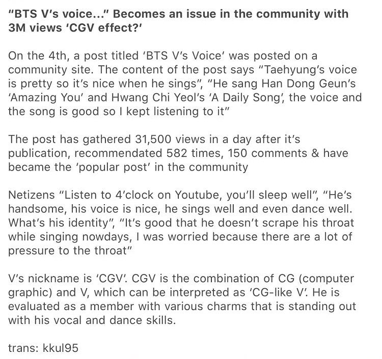 Bts Va S Voice A Becomes An Issue In The Community With 3m Views A Cgv Effect Celebrity News Gossip Onehallyu