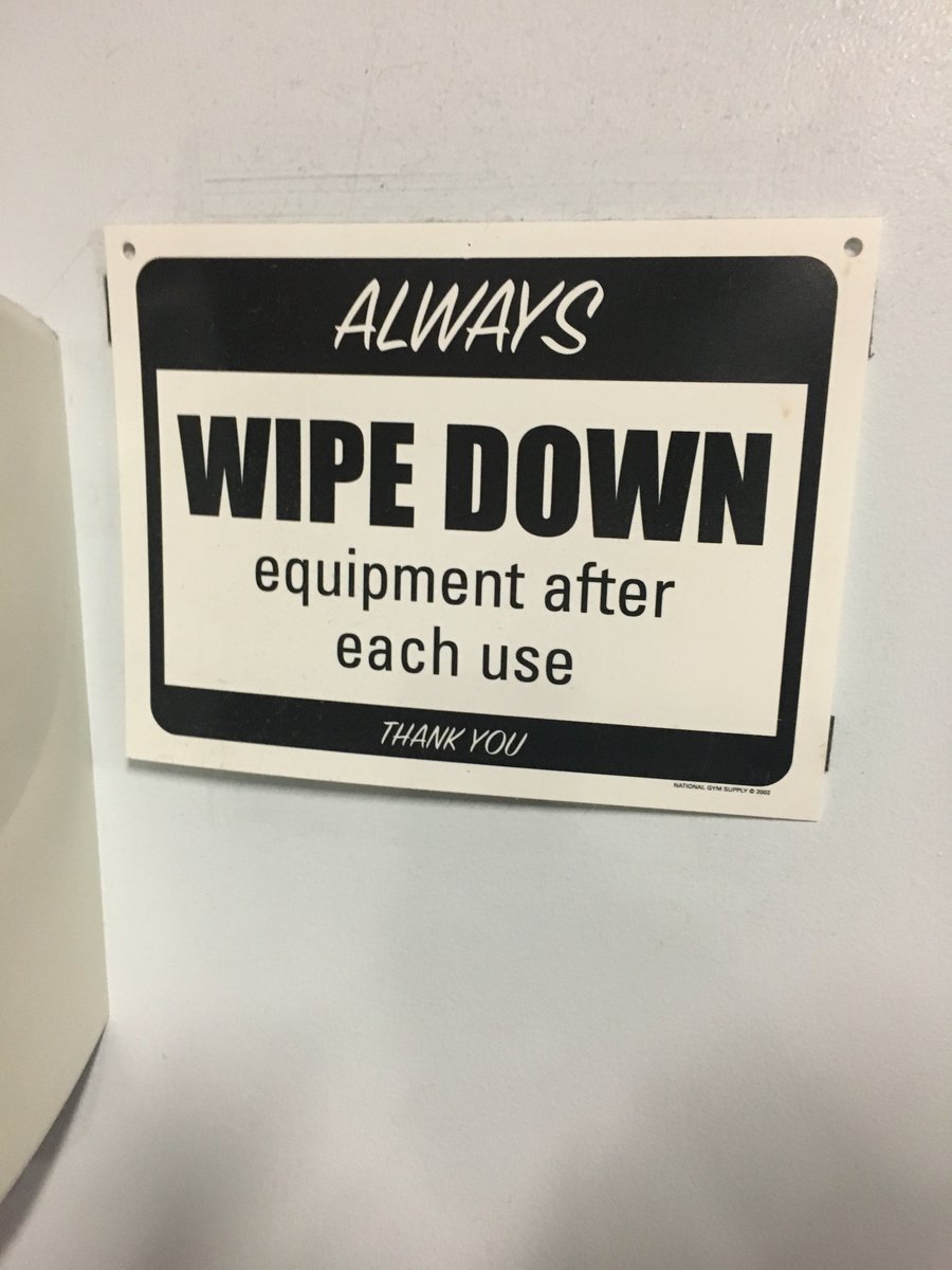 Sampayne_403's tweet photo. @HMP403_PH  This is promoting public health in the gym because many germs can be transferred through the equipment and this is reminding user to wipe everything down after using it. #phin48hours https://t.co/tv3Udjvisb
