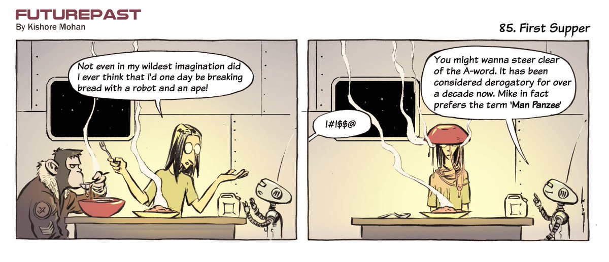 Kishoremohan's tweet photo. Here's a #Futurepast strip for good measure. I haven't shared these in ages, and as you can see there is more than one primate in the strip now. Futurepast appears every alternate Sunday in the sunday supplement of  @IndianExpress #comic #Sundaystrip #MostlySequential https://t.co/vybX2hu3ab