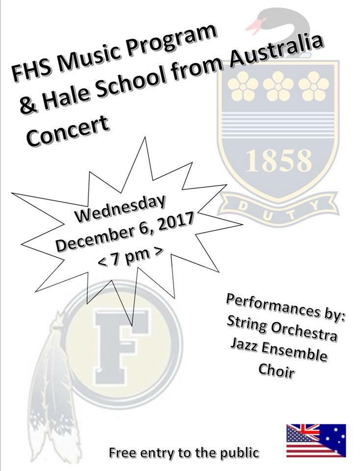 Tomorrow, music students and faculty from the Hale School in Perth, Australia join us for a 3 day residency at FHS! Come and join us for a joint concert on Wed. 12/6 at 7PM in the FHS Auditorium