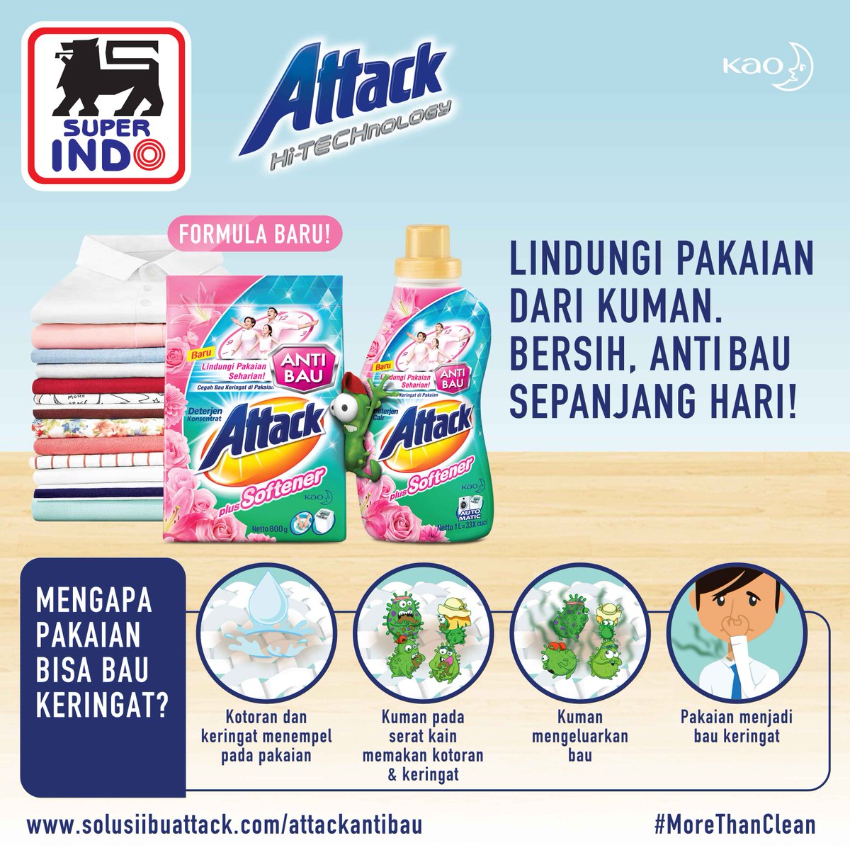 InfoSuperIndo's tweet photo. Kenapa pakaian kita bisa bau keringat? Kuman lah penyebabnya!

Yuk lindungi pakaian dari kuman dan bebas bau sepanjang hari dengan formula baru dari Attack plus Softener! 

Dapatkan di Super Indo terdekat yuk! Retweet info ini Super Indo Shopper. #SuperIndo #Morethanclean https://t.co/QzbAuUXnp5