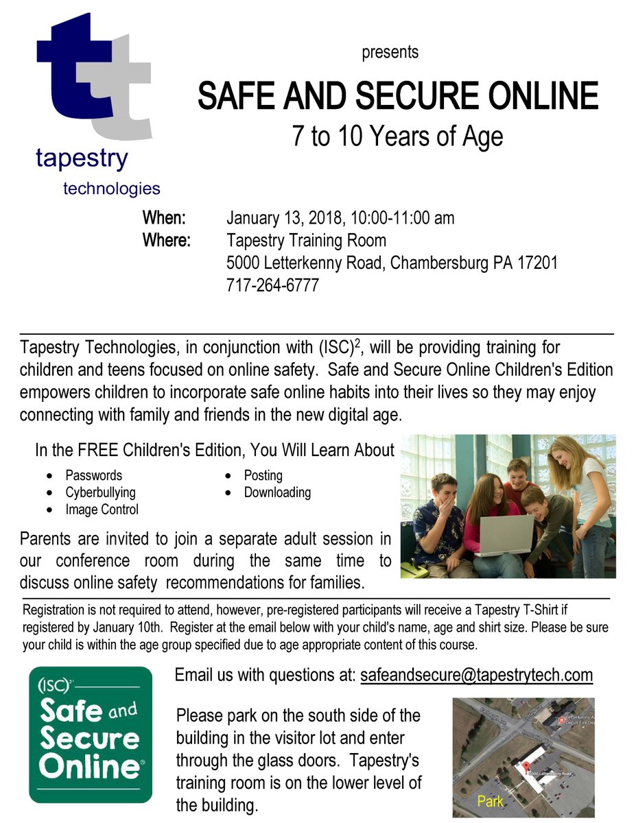 tapestrytech's tweet photo. Our next Safe and Secure Online: Children's Edition will be Jan 13th! https://t.co/S85NDSumhC
