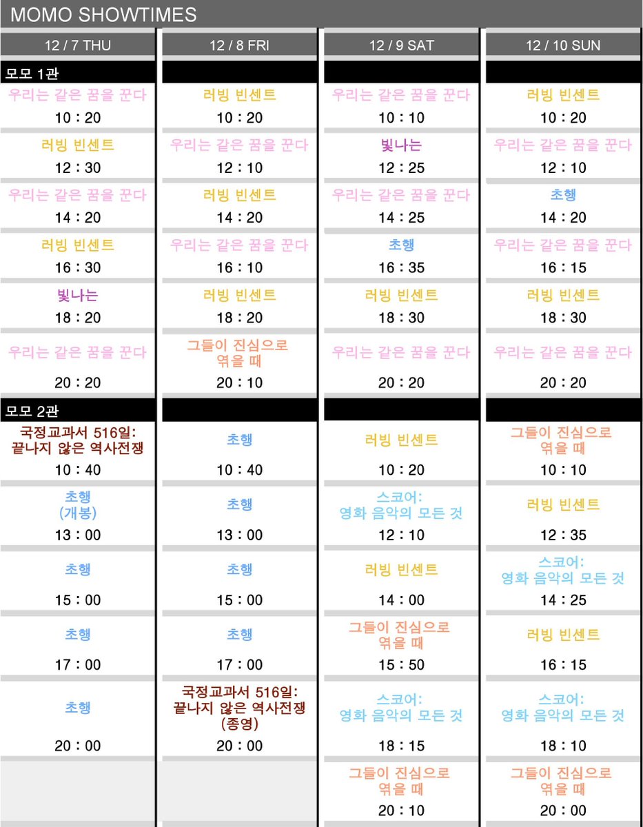 (*수정)12/7(목) -12/14(목) 상영시간표 개봉 12/7(목) #초행 종영 12/8(금) #국정교과서516일 12/11(월) #아기와나 12/13(수) #딥씨챌린지 * 12/13(수) -14(목) [모모...