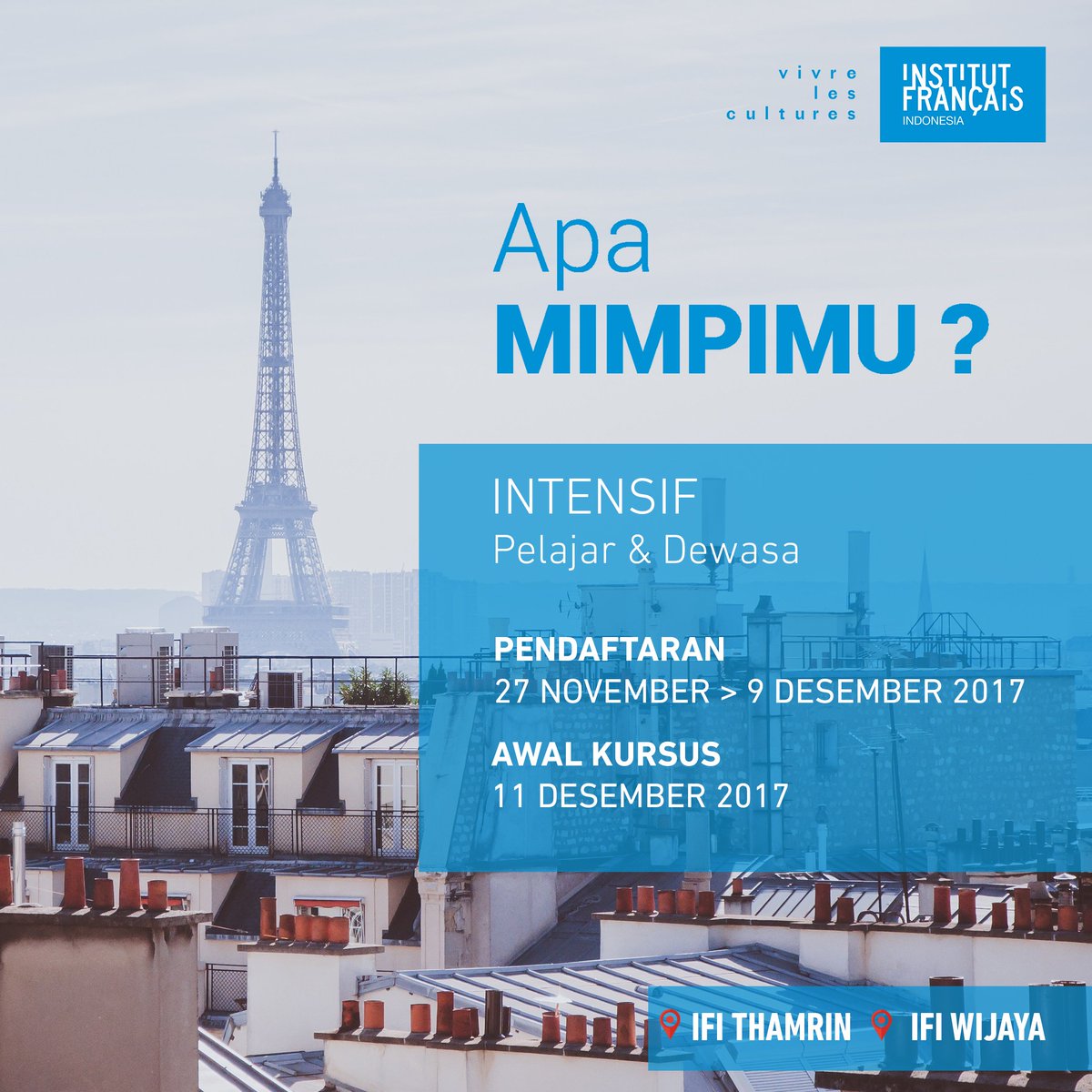 Anda memiliki objektif ambisius untuk belajar bahasa Prancis dalam waktu singkat? Pilihlah ritme Intensif 4 jam per hari sebanyak 5 kali per minggu. Anda akan dapat menuntaskan satu level bahasa Prancis dalam waktu 2 bulan saja.
Informasi lebih lanjut, hubungi kursus@ifi-id.com.