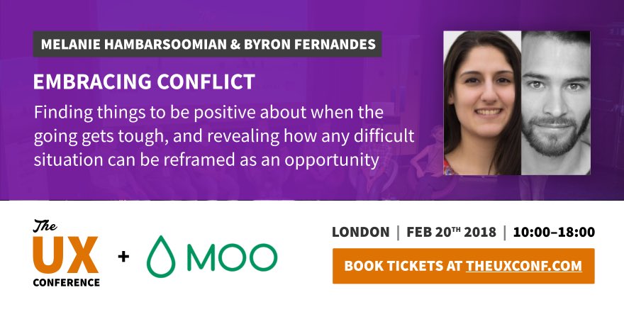 theuxconf's tweet photo. Having conflicts at work? Designers Mel &amp; @Byron_ux from Moo will share how to embrace and see positive side of any difficult situation at The UX Conference: https://t.co/JZp7UMv67G #theuxconf #ux #conference #london https://t.co/6LlgyZZwq2