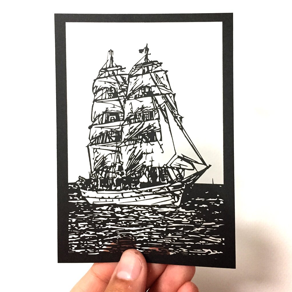 Hando Printing グラス5客 帆船の絵柄 置物 帆船 32cm ストライプ柄の帆布 マリン風 海賊船の模型 帆船