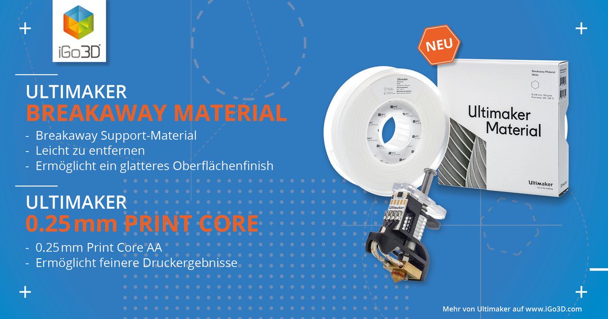 iGo3Dcom's tweet photo. @Ultimaker präsentiert das neue #Breakaway #Material und dazu einen neuen #PrintCore #AA mit 0,25 mm Diameter für den #Ultimaker3.
Weitere Informationen zu den neuen Produkten bekommt ihr hier: https://t.co/4UIT12tAun https://t.co/AXvQqUEh4A