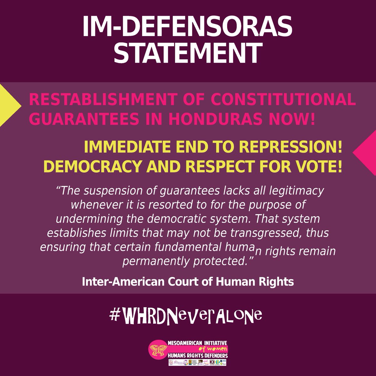 IM_Defensoras's tweet photo. We invite you to read, sign and share this statement calling on #Honduras to stop state violence against #WHRDs and those fighting for their constitutional rights: https://t.co/73V7EIAJ2a #WHRDNeverAlone https://t.co/CvXZkL2cRg