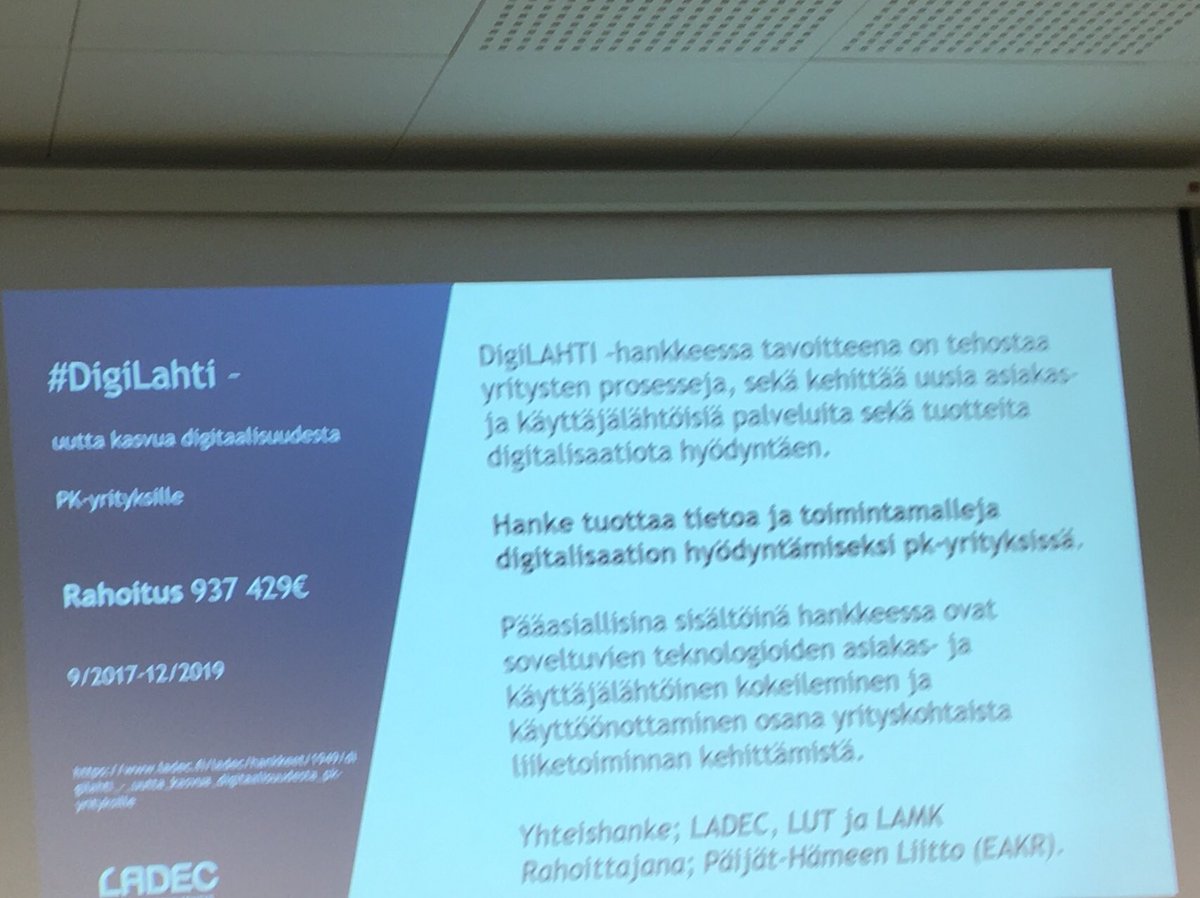jhjkinnunen's tweet image. DigiLahti -hanke aloitti syyskuun alussa. Tänään ensimmäinen ohjausryhmä. Mukana Ladec, LUT, LAMK ja yrityksiä. Tavoite auttaa, rohkaista ja kannustaa yrityksiä hyödyntämään digitaalisuuden mahdollisuuksia. Rohkeasti mukaan. #DigiLahti #Ladec #LUT #LAMK #Teknologiateollisuus