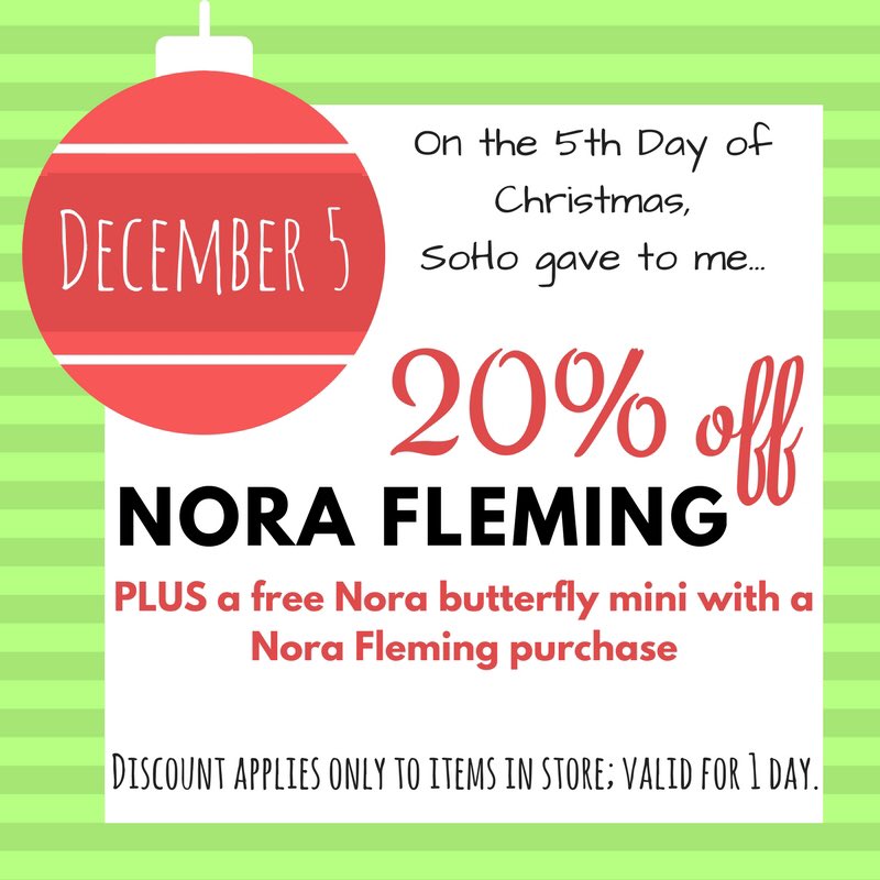 SoHo_NC's tweet photo. It’s the 5th Day of Christmas at SoHo and you’ll SAVE 20% on all NORA FLEMING. OPEN 9am https://t.co/nFQ937TB3y