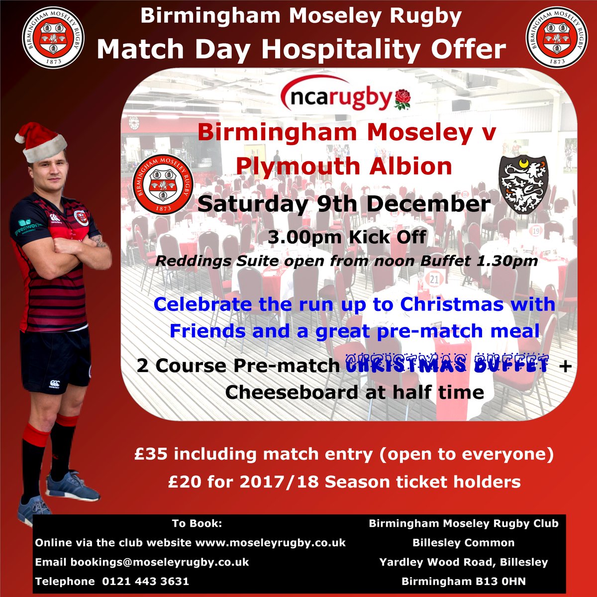 MoseleyRugbyFC's tweet photo. Festive Matchday Hospitality this weekend for our home game against @AlbionRFC #CHRISTMASLUNCH #MOSPLY 🎅 https://t.co/p8G4yWbfDN