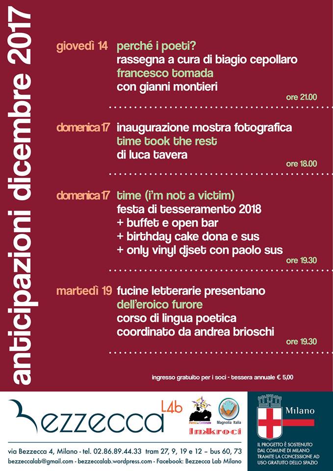 BezzeccaLab's tweet photo. Le nostre #anticipazioni per #dicembre2017, dalla #rassegna Perché i poeti a #Time grande festa di #tesseramento! Stay tuned > https://t.co/cIwEtSnG1I https://t.co/LoLg12F0dy