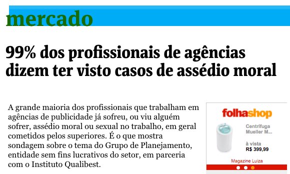 gplanejamento's tweet photo. A pesquisa do GP sobre assédio moral e sexual no mercado de comunicação chegou à Folha de S. Paulo: https://t.co/v7bZRYiT78 https://t.co/JPjhwg4VFm