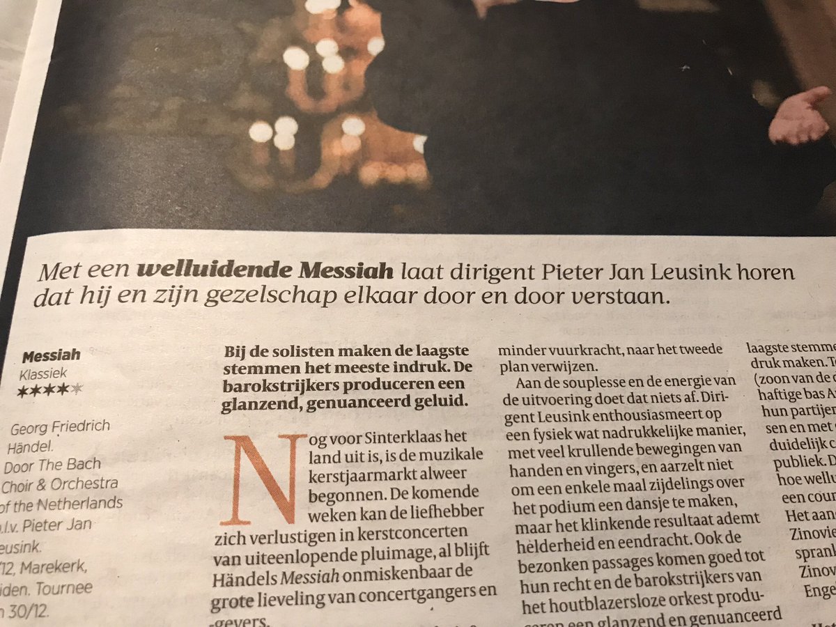 4* recensie in de <a href="/volkskrant/">de Volkskrant</a> vandaag voor onze eerste Messiah uitvoering in de <a href="/Mare_Kerk/">Marekerk</a> #Leiden afgelopen weekend. #messiah #händel #Fritsvanderwaa #Volkskrant