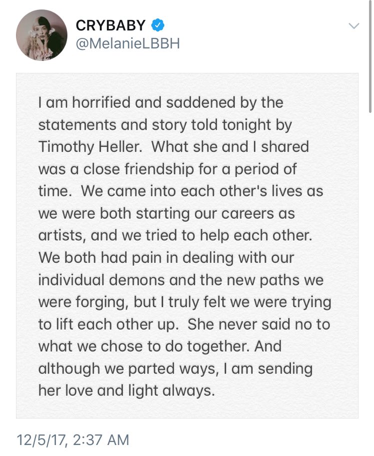 Pop Crave Melanie Martinez Speaks Out About Rape Allegations She Never Said No To What We Chose To Do Together I Am Sending Her Love And Light Always T Co N6g0fq0zfn