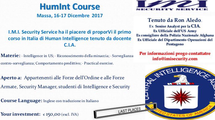 CinelliVirginia's tweet photo. Saperne di più di Human Intelligence. Il 16-17 Dicembre, a Massa, un weekend a tema #HumInt con l'ex analista #CIA #RonAledo, organizzato dall'azienda di sicurezza navale #IMIGROUP. https://t.co/98eNpLKX4b