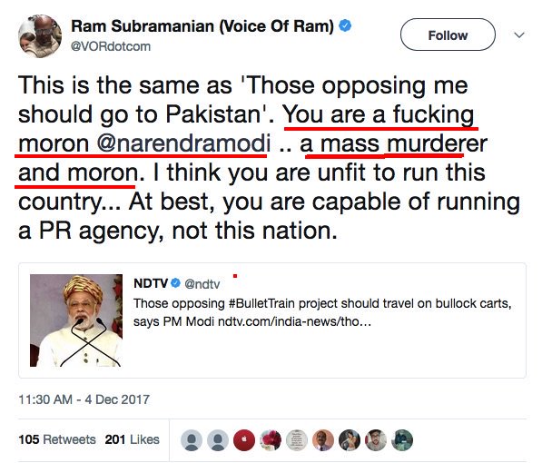 I am wondering why is this moron's account still active @TwitterIndia ? You disabled the account of <a href="/trueindology/">True Indology</a> even when he has never ever tweeted anything obscene and this aaptard is talking like this about prime minister!