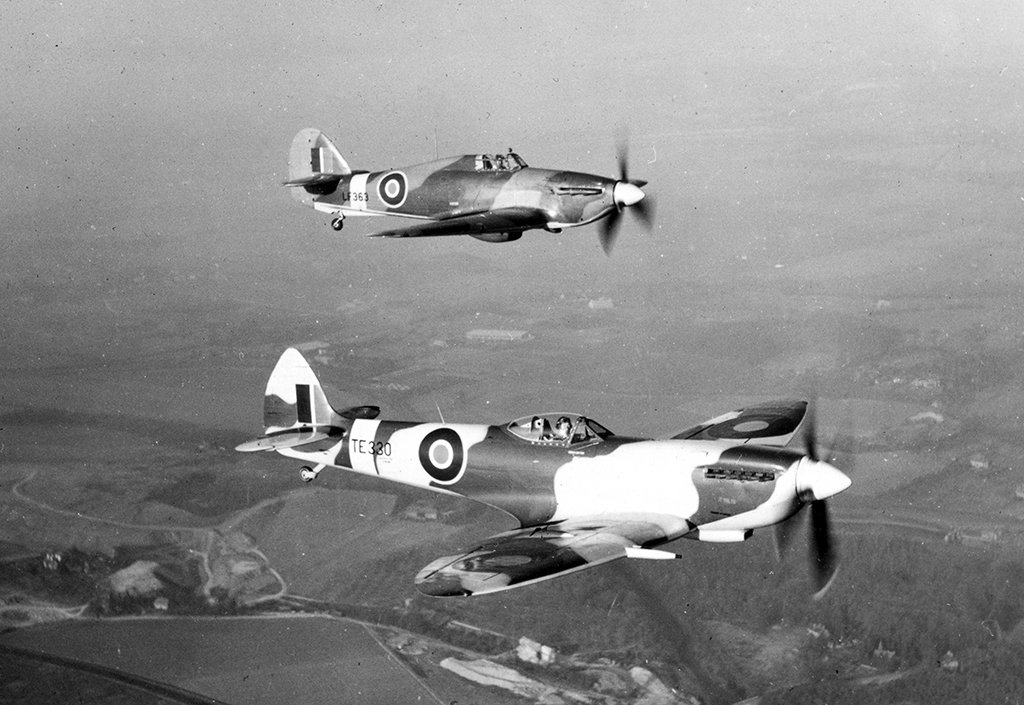 Spitfire XVIe TE330 and Hurricane II LF363 of the RAF Historic Aircraft Flight at Biggin Hill #OnThisDay 1957 #avgeek