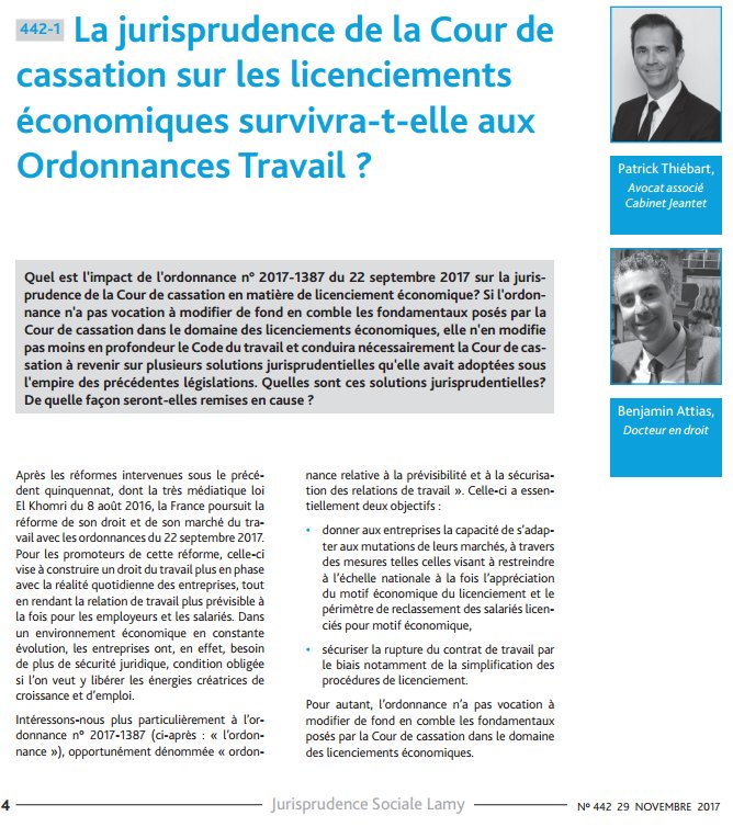 PThiebart's tweet photo. Mon papier et celui de Benjamin Attias à propos de la jurisprudence de la #CourdeCassation sur les #licenciements, à retrouver dans la Jurisprudence Sociale Lamy du 29/11 https://t.co/3PS7itxPcZ