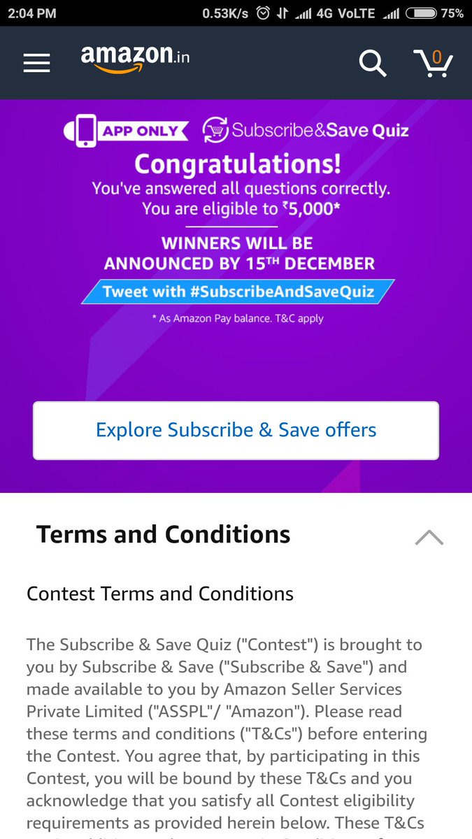 VatsalAwasthi's tweet photo. #SubscribeAndSaveQuiz
Hey!!! Amazon completed the quiz again but don't know when i will win. #tryingeveryday ๐ญ๐ญ๐ญ๐ญ. Hope to win this time.๐๐ https://t.co/c3uZb4hx3D