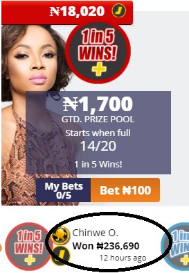 Westernlottong's tweet photo. Yessss! BIG congratulations to Chinwe Onwudinanti for winning the LottoRace 1in5 JACKPOT of N236,690 last night with just N100. Guys, you too can be like Chinwe. Play LottoRace #LitDecember #XMASJackpot #WesternLotto #ItsYourTimePLAY https://t.co/8hyv8wJutB