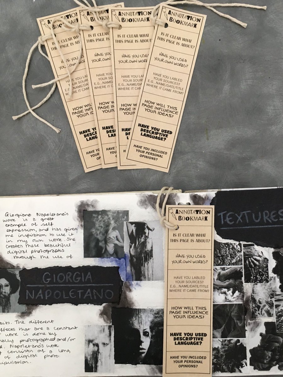 Annotation bookmarks ready to go into KS4 sketchbooks. English language stretches into Art and DT too