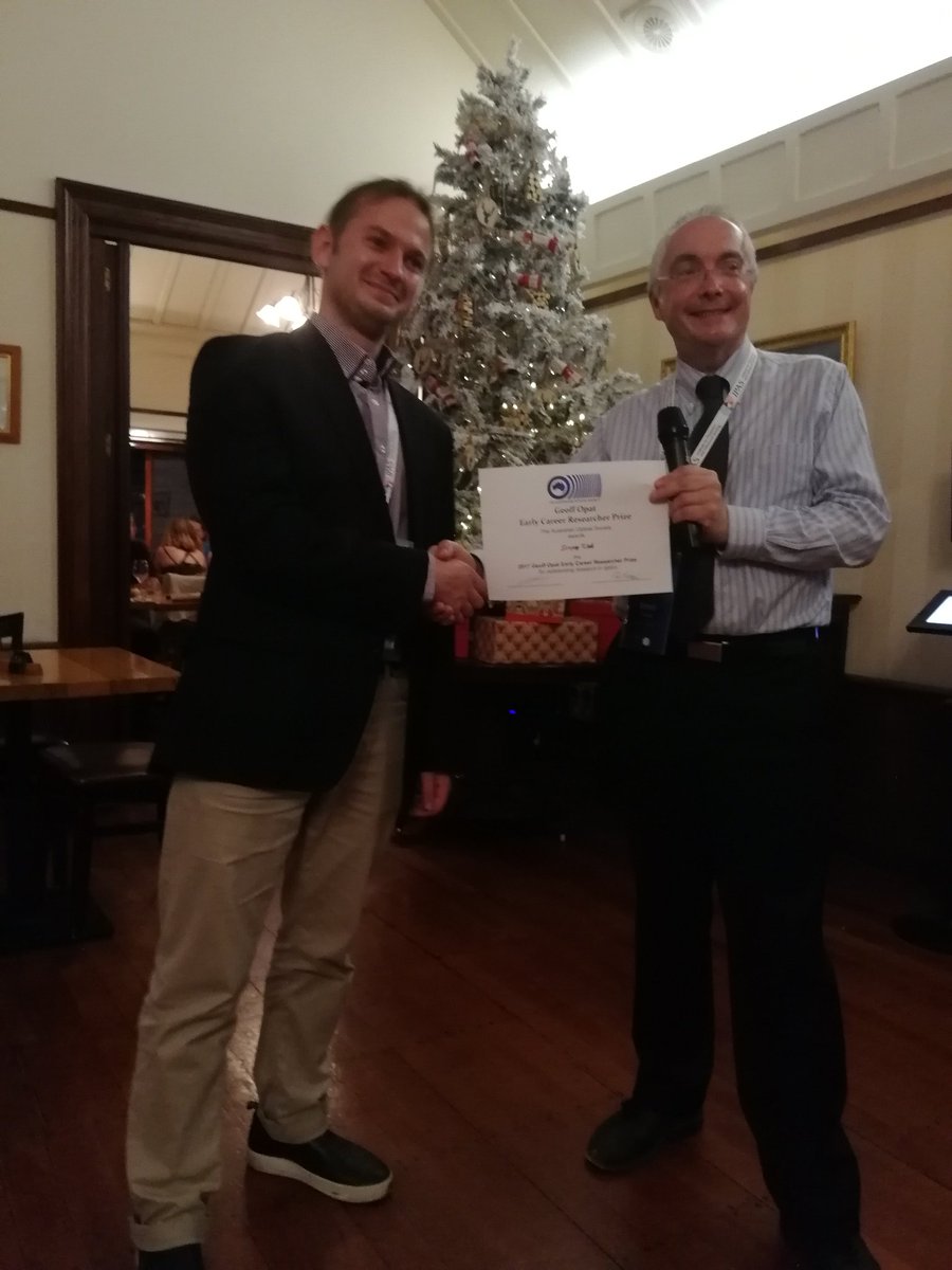 OpticsAUNZ's tweet image. ANZCOP dinner and we have the AOS prizes being announced congratulations to Sergey Kruk (Geoff Opat prize) and Litty Thekkekara (Warsash and postgraduate student prizes) #ANZCOP2017