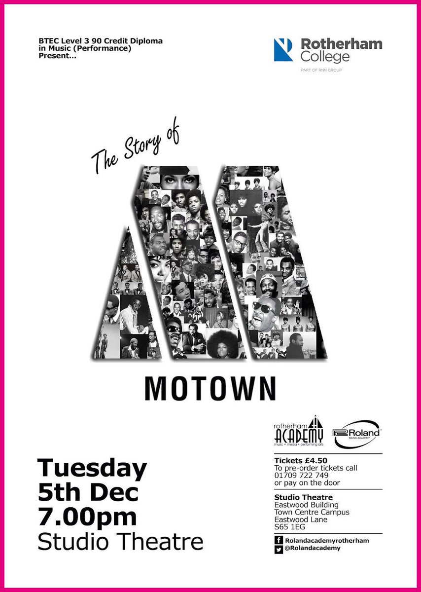 RolandAcademy's tweet photo. There are very limited tickets left for tonight’s The Story of Motown event. Doors at at 6.30pm and the show starts at 7.00pm in the @RotherhamColl Town Centre Campus Studio Theatre #Motown #Rotherhamiswonderful #musiced #btecstudents #ichoosebtec #yorkshireis #sheffieldissuper https://t.co/XF3cuFxYlA