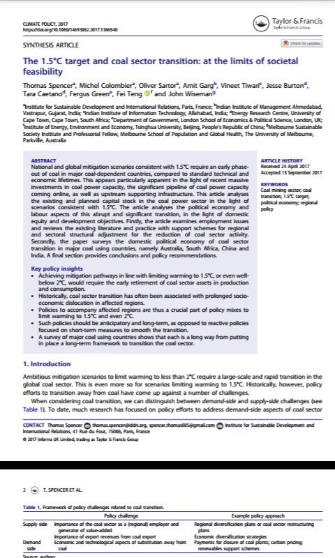Climate_Policy's tweet photo. "Mitigation scenarios consistent with 1.5 degrees require an early phase-out of #coal ". Is this at the "limits of societal feasibility?" ask @ThomasASpencer et al in new paper for special issue on #1point5 . Read it for free at https://t.co/vNqKzHBkYF https://t.co/Tttxe14UJS