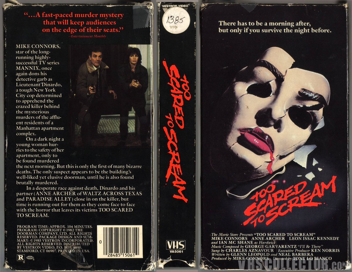 AITD_Movie_Book's tweet photo. Artwork of the day. Tony Lo Biancoβs TOO SCARED TO SCREAM (1982) Vestron VHS. Thanks to VHS collector. #TooScaredToScream #MikeConnors #NealBarbera #GlennLeopold #AnneArcher #IanMcShane #VHSCollector #TonyLoBianco #SlasherMovies #Slashers #SlasherFilms https://t.co/Mn0chqSJSF