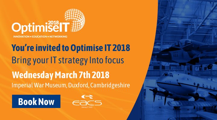 EACSLTD's tweet photo. The #OptimiseIT 2018 website is live! Visit: https://t.co/YBYLeQImJ9 to secure your place &amp; bring your IT strategy into focus https://t.co/eV1dQyZLMq