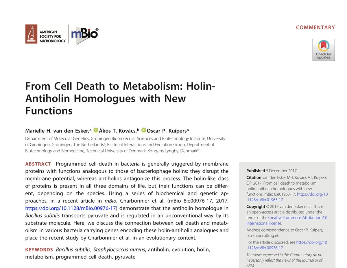 EvolvedBiofilm's tweet image. See our @mbiojournal commentary with Marielle van den Esker &amp;amp; @OscarKuipers1 
From Cell Death to Metabolism: Holin-Antiholin Homologues with New Functions

#ProgrammedCellDeath #evolution #holin_antiholin #Bacillussubtilis #Staphylococcusaureus #pyruvate 
mbio.asm.org/content/8/6/e0…