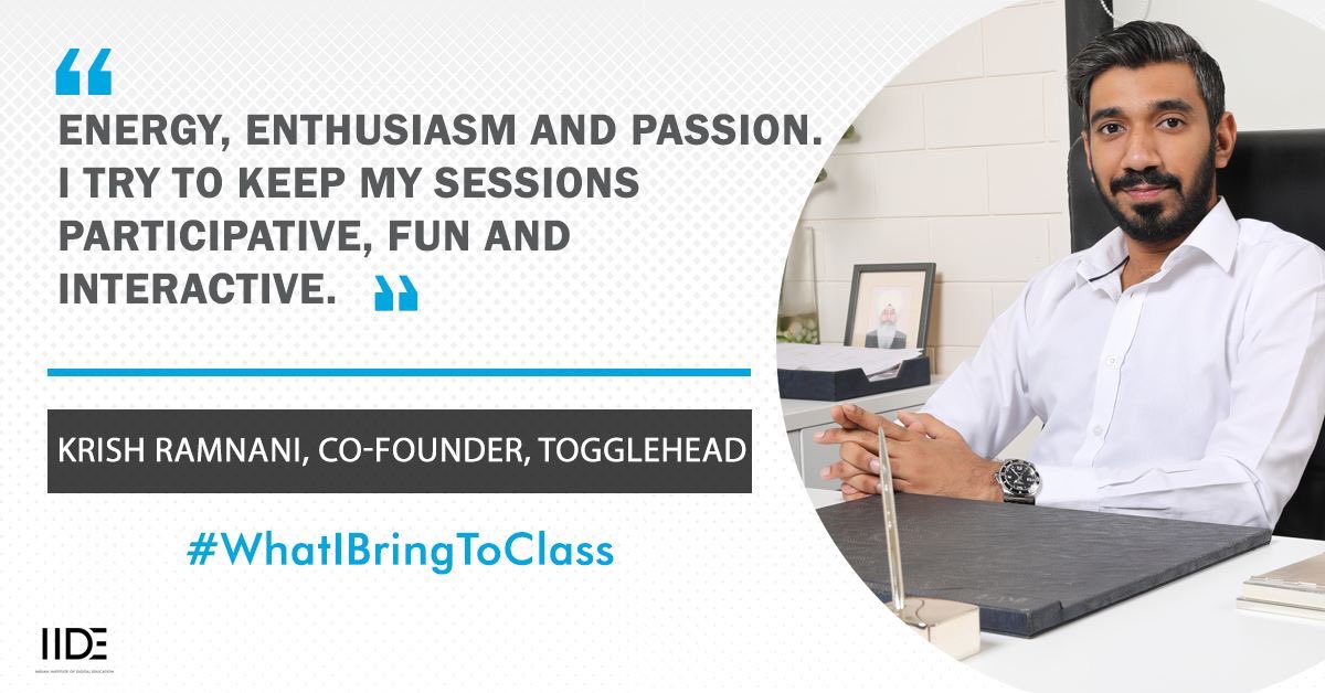 IIDEonline's tweet photo. @krish_ramnani from @ToggleheadIndia not only brings his energy, enthusiasm and passion to every class at IIDE, but also ensures that our students feel the same way he does about Digital Marketing.
#WhatIBringToClass #SchoolOfDigital #Togglehead #IIDE https://t.co/y4XZBaIdq0