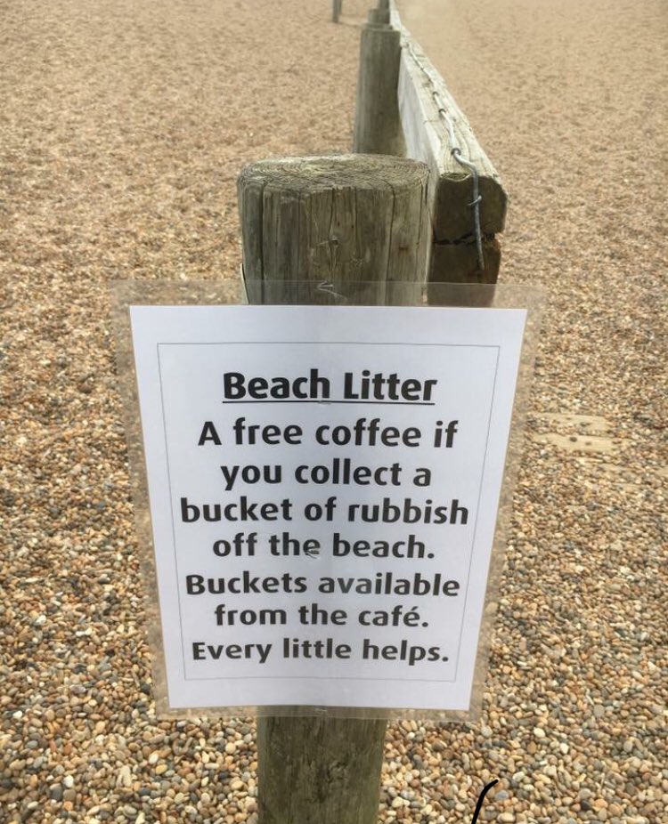 Matt_Pinner's tweet photo. Best Sign made yet !! 
Beach Litter @BBCEarth A free Coffee if you collect a bucket of Rubbish off the beach,Buckets available from the cafe “ Every Little Helps” 🌍 https://t.co/Kw4ltO9cc3