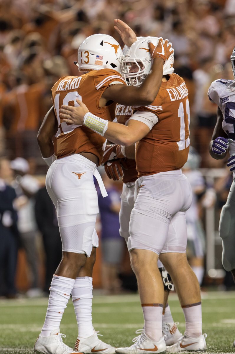 InsideTexas's tweet photo. IT Photo of the Day: UT’s @SmileHeardJ and @sehlinger3 after the TD connection. (@studiogallagher) #HookEm https://t.co/zTDNzW5jPa