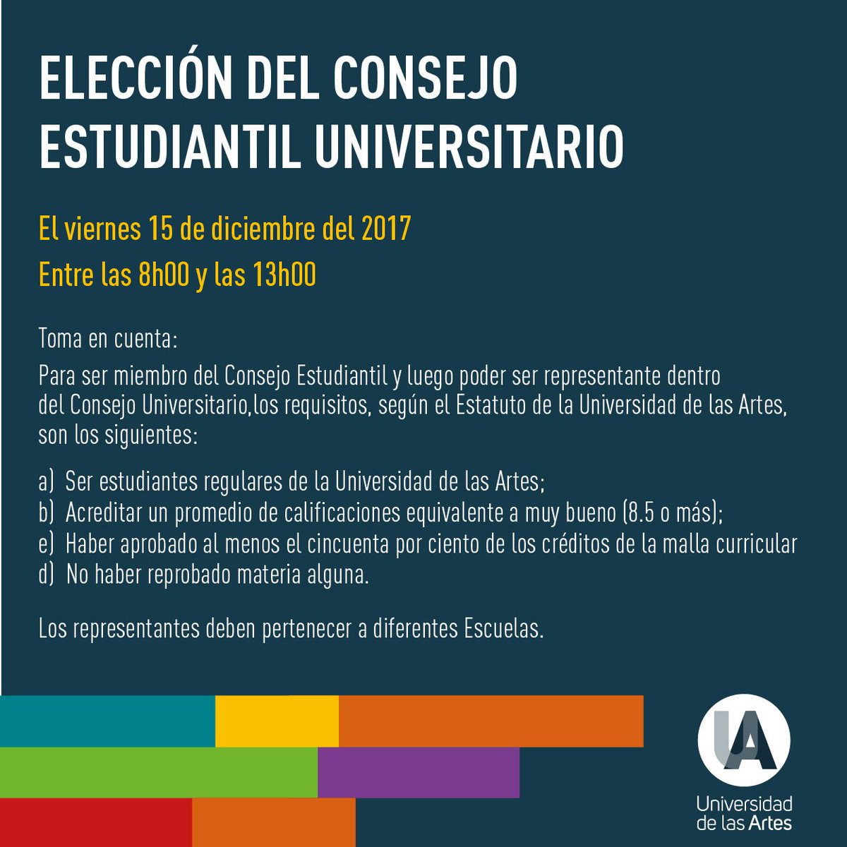 uartesec's tweet photo. Atención #EstudiantesUArtes: La Educación en Artes es un Derecho y, por lo tanto, una Responsabilidad. Participa el 15 de diciembre en la elección del Consejo Estudiantil. Acá más detalles del proceso 👉 https://t.co/gVqz5YwVM7. #SomosUArtes https://t.co/XZM0zXu4q7